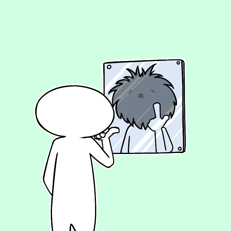 鏡に毛もじゃの自分が映る図